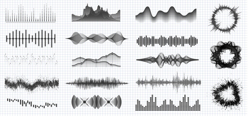 A large set of wave sound, signals on a white isolated background. Signs of the sound equalizer, pulse music player. Vector illustration