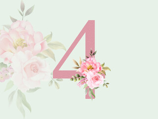 Fototapeta na wymiar Beautiful numeric 4 with floral bouquet