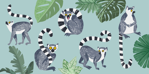 Set of five lemurs and tropical leaves, hand drawn