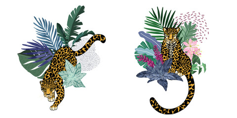Obraz premium Set of two compositions with jaguars and leaves