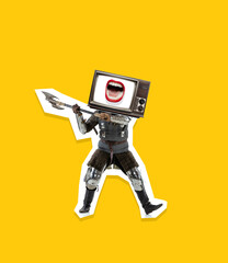 Contemporary art collage with medieval knight, warrior with retro tv set instead head in motion over yellow background. Vintage, surrealism, art concept