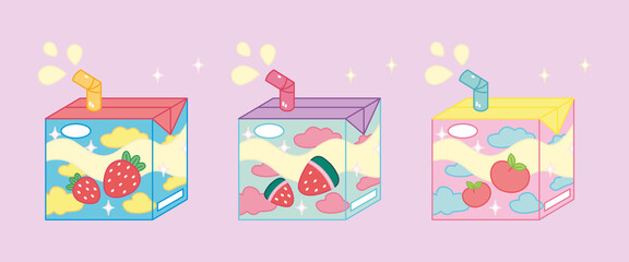 Set of three tasty juice boxes. Strawberry, peach and watermelon Asian product. Cute bright tasty milk. Kawaii Japanese style. Soft Drink in paper box.  Hand drawn color trendy vector illustration.