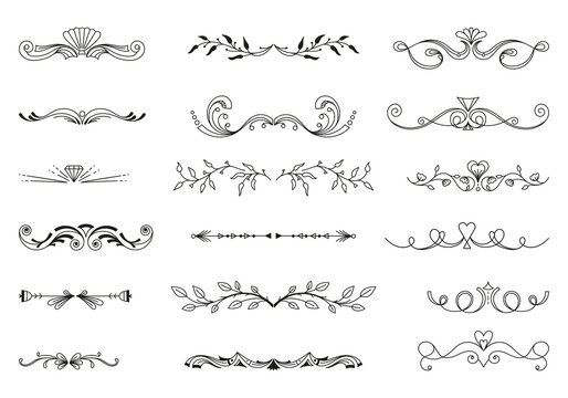 Divider thin line element vector set, border underline on text page, book, ornamental filigree separator design