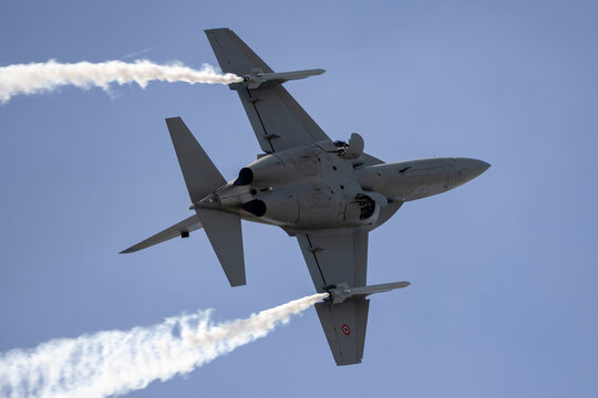 Farnborough, UK - July 18, 2014:  .Italian Air Force (Aeronautica Militare Italiana) Aermacchi T-346 Jet training aircraft.