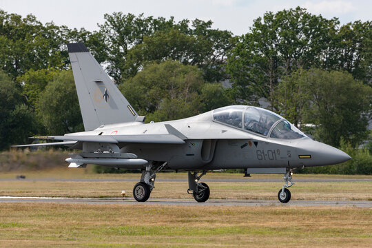 Farnborough, UK - July 18, 2014:  .Italian Air Force (Aeronautica Militare Italiana) Aermacchi T-346 Jet training aircraft.