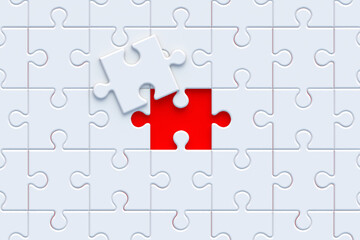 Unfinished white puzzle jiggle pieces on red background. Educational games. Hobby and leisure. Business solutions. Teamwork concept. Joint problem solving. 3d render