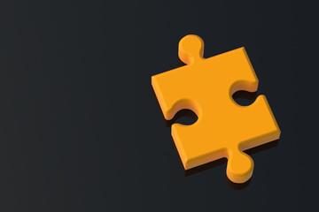 Orange jigsaw puzzle piece on a black background with mirror reflection. Copy space. 3d render