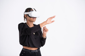 Studio shot of young woman wearing VR headset