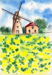 Watercolor illustration of a windmill and a house with a red roof in a blooming field with yellow flowers