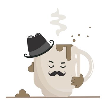 Cute isolated mug with hat and mustache for father's day celebration. Icons of funny mugs for dad's day with steaming steam and bubbles. Gift coffee or tea vector illustration in flat style.