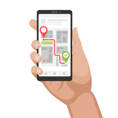 Smartphone with delivery tracking app. Navigating the app on your phone. Vector stock illustration.