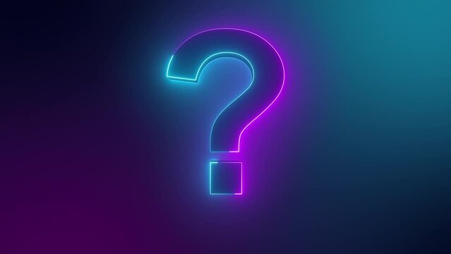 Question mark sign animation. Neon colored digital 3D big question rotating. Cyberspace questions asking doubts confusing problems. 4K 3D motion graphics animation.