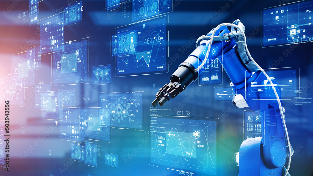 Poster Robot arm and technology concept. Factory automation. Electronics.