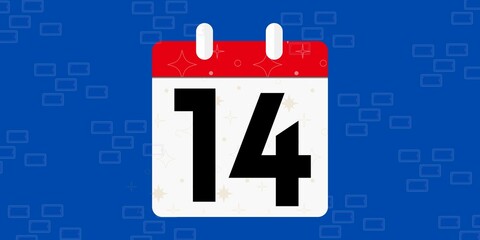 14th day of the calendar. Banner with fourteen on an blue background with a white calendar