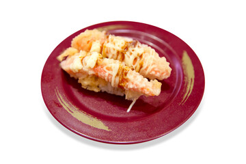 Top view of Japanese shrimp in tempura sushi with Japanese rice, focus selective