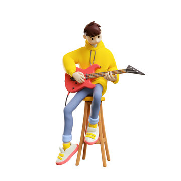 Brunette music lover in yellow hoodie, blue jeans sits on bar stool plays solo on red guitar. String instrument lessons in music school, education. Minimal style 3d render isolated on white backdrop.