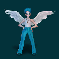 white angel girl with blue hair in t-shirt and trousers