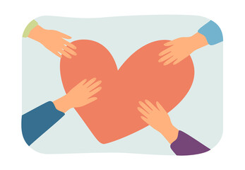 Human hands on big heart flat vector illustration. People taking care of each other. Love, support, assistance concept for banner, website design or landing web page