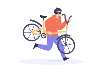 Thief stealing bicycle flat vector illustration. Criminal or burglar in black mask running with stolen bike, breaking law. Theft, robbery, vehicle, transport, outlaw concept - obrazy, fototapety, plakaty