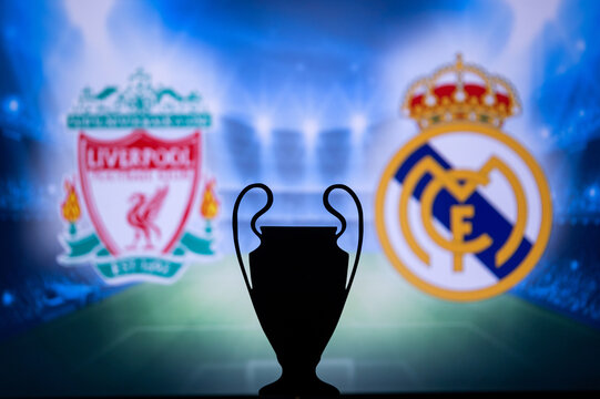 PARIS, FRANCE, MAY. 8. 2022: FC Liverpool (ENG) vs Real Madrid (ESP). UEFA Champions League Final 2022 in Paris, France, football soccer, Black UCL Trophy Silhouette, logo in background. 28. May 2022