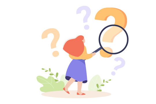 Girl looking at question marks through magnifier. Curious woman searching for information, solving problems flat vector illustration. FAQ, analysis, test, knowledge concept