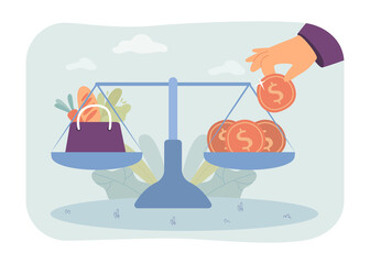 Gold coins and bag with products on scale. Money and products on balanced weight. Food prices, finance, balance, grocery concept for banner, website design or landing web page