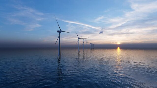 Windmill park. Offshore wind turbines farm on the ocean. Sustainable energy production. Green Energy, clean power, clean energy concept.
