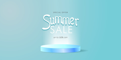 Summer sale colorful banner with product display background. Product presentation, mock up, show cosmetic product, Podium, stage pedestal or platform. Vector Illustration