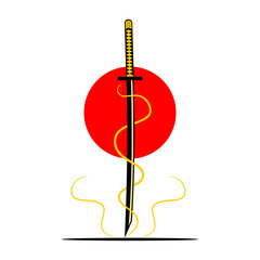 Katana sword samurai with thunder lightning and red circle japanese style tattoo flat vector icon design.
