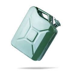 Old green metal gasoline canister isolated on a white background. File contains a path to isolation.