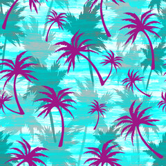 Fototapeta na wymiar Silhouettes of purple tropical palm trees on a blue background, seamless tropical pattern