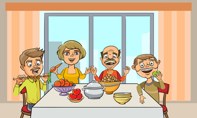 Happy family at the table. Everyone has healthy teeth