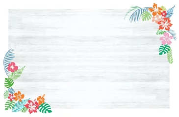 Fotobehang 【ベクターai】南国トロピカル亜熱帯真夏植物のシンプルでおしゃれな白木看板フレームイラスト素材 © color