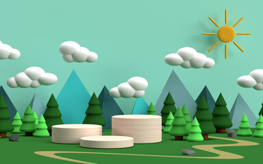 Podium for kids or babys with mountains, forest, clouds and sun 3D rendering
