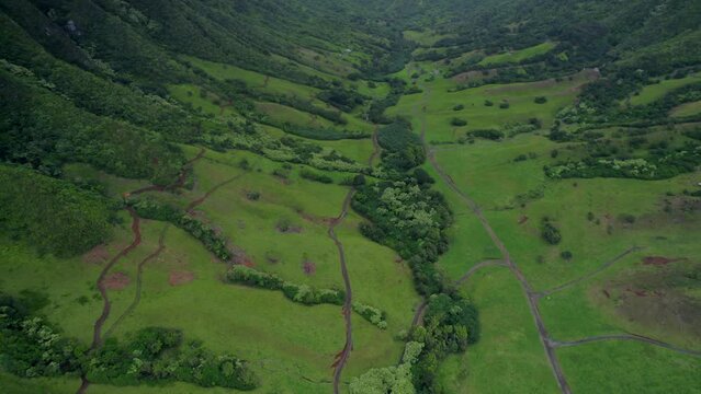 4K aerial of Kualoa Valley in Oahu, Hawaii, USA