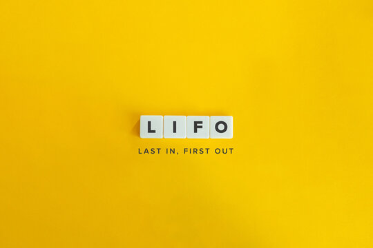 LIFO (Last in, first out) Banner. Letter Tiles on Yellow Background. Minimal Aesthetics.