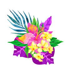 Tropical neon bouquet, exotic flowers, watercolor composition isolated on white
