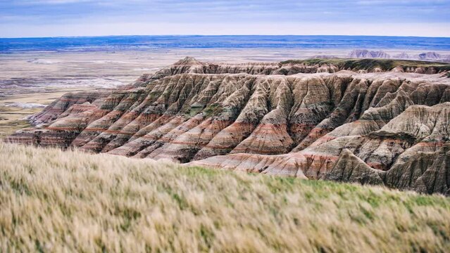 Wind blowing on the grasslands of Badlands National Park in South Dakota, United States. Sedimentary rock layers are visible throughout.
