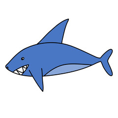 Shark in doodle style, simple childish illustration, blue shark with stroke and teeth
