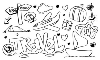 Set of hand drawn travel doodle. Vector illustration.Doodle art world travel collection design.