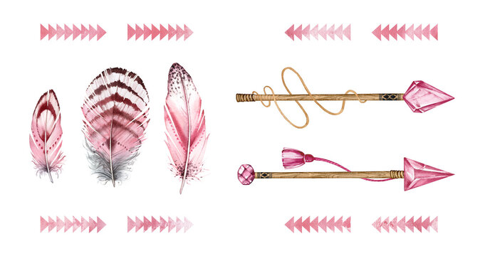 Watercolor set with arrows and feathers. Collection of boho elements for construction arrows. Hand painted illustration in tribal pink style for print, logo and birthday invitation