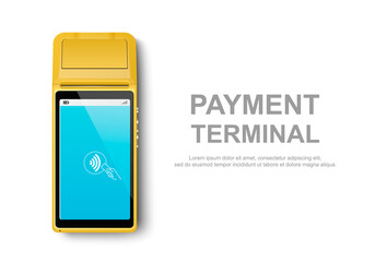 Vector Realistic Yellow 3d Touch NFC Mobile Payment Machine. POS Terminal Closeup Isolated on White. Design Template of Bank Payment Wireless Contactless Terminal, Mockup. Payments device. Top View