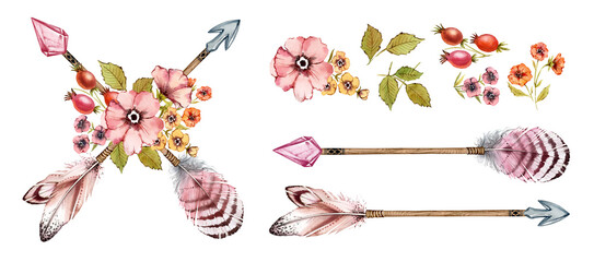Watercolor crossed arrows and flowers set. Collection with tribal boho elements: crystal arrowhead, feathers, pink vintage florals. Hand painted illustration for print, logo and birthday invitation © Katerina Kolberg