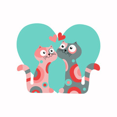 Bright multicolored cartoon cats with hearts, cats in love. Vector illustration with isolated background.
