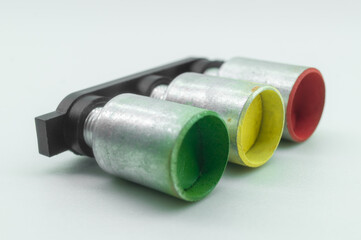 Threaded cartridges for the signal pistol. Illuminating signal cartridges. Pyrotechnic means for giving multi-colored signals at a long distance. Selective focus