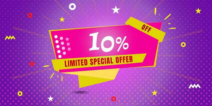 10% Off Limited Special Offer. Banner With Ten Percent Discount On A  Purple Background With Yellow Square And Pink