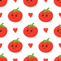 Seamless Pattern with Cute Tomato Isolated on White. Funny Smiling Tomato. Vector Seamless Background for Card, Apparel, Textile Print. Kids Design, Children, Baby, Vegan, Vegetarian, Food Concept