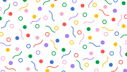 Festive seamless pattern drawn by hand. Cute print with confetti. Creative minimalist style art background. Fun colorful doodle seamless pattern. Abstract random colorful figures.