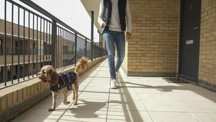 Man with dog walking on terrace