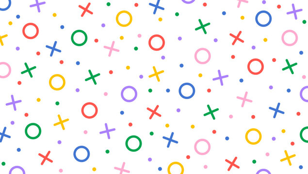 Fun colorful memphis XOXO backdrop. Seamless vector hipster xo pattern. Chaotic bright multi colored cross and zero elements on white background. Simple childish festive background